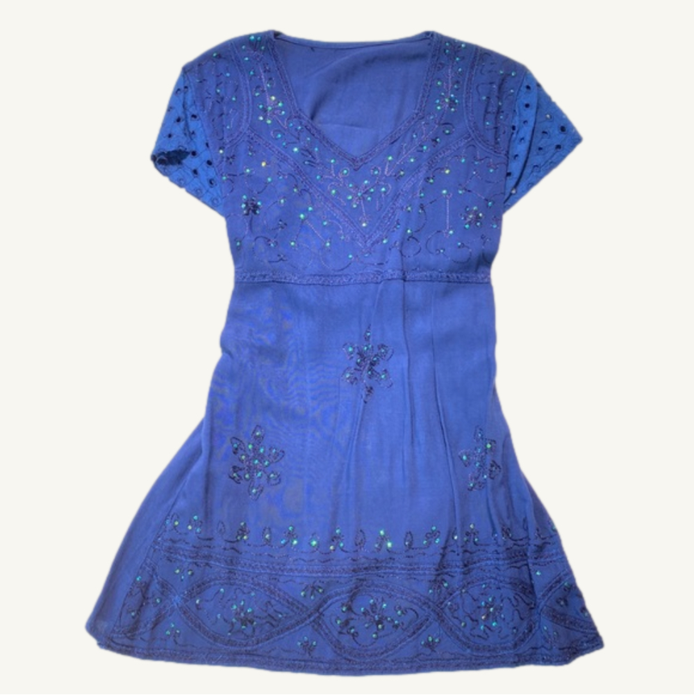 Blue Decorative Stitched & Sequinned Back Tie Summer Dress